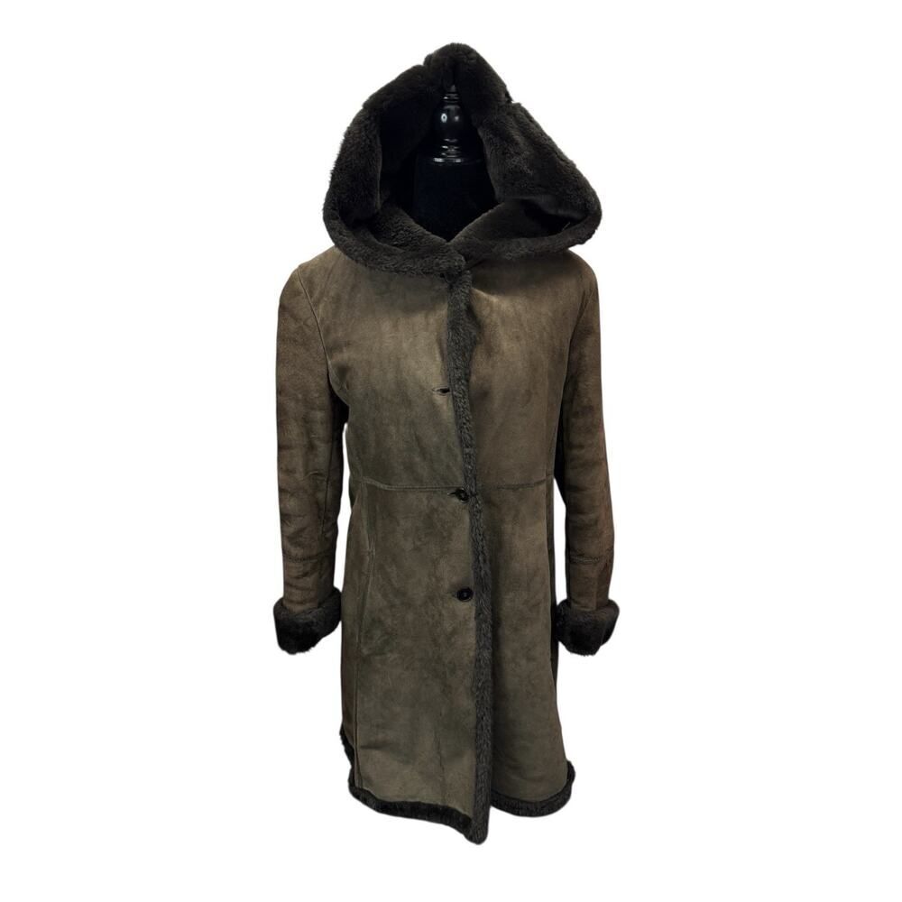 Steve By Searle Suede Leather Coat Hooded Brown Faux Shearling Trim Jacket XS